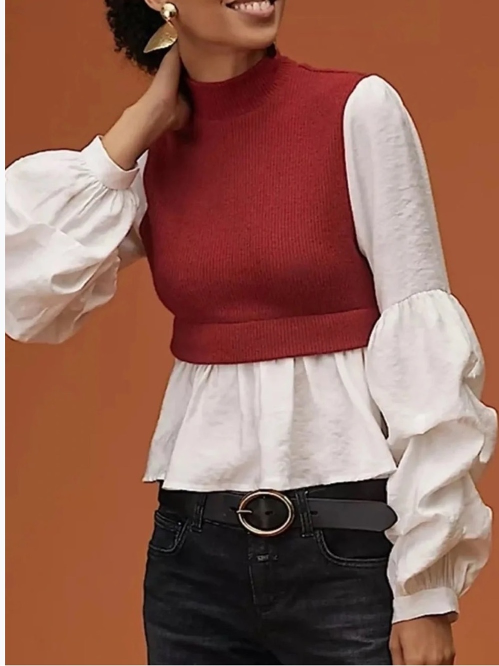 Anthropologie Ruffled Layered Top Red White Twofer Puff Sleeve Sweater Blouse L